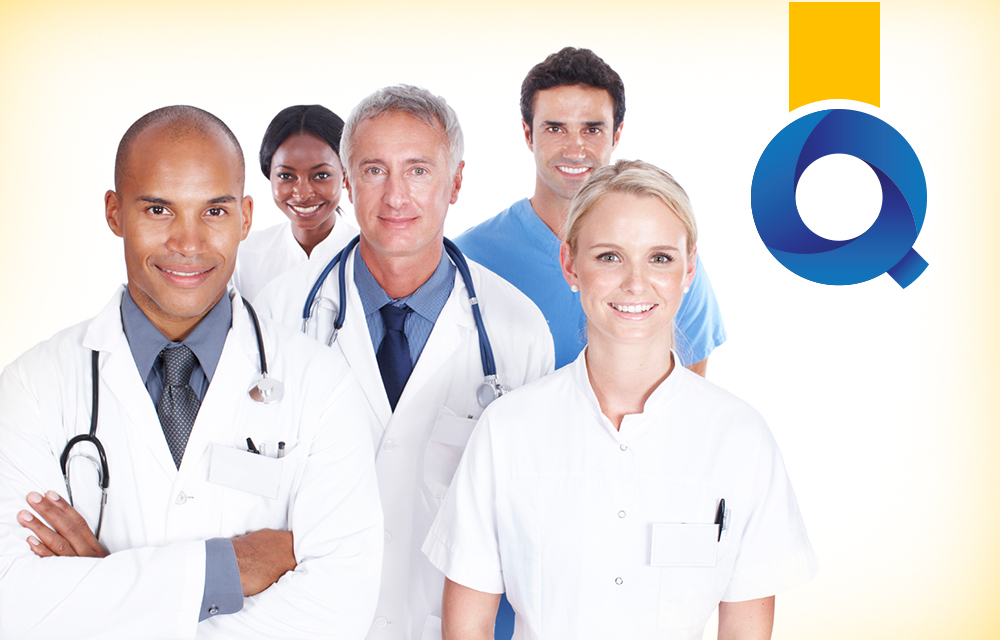 Doctors and nurses with Quality Blue logo